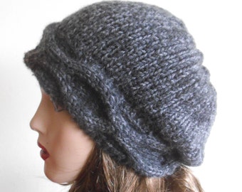 Gray Wool Slouchy Hat, Hand Knit Winter Beanie
