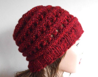 Red Wool Hat. Slouchy Hat. Hand Knitted Hat. Winter Women Hat.