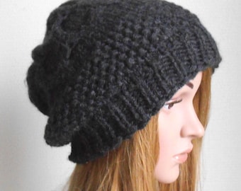 Dark Grey Chunky Wool Hat. Slouchy Hat. Hand Knit Hat. Winter Woman Hat.