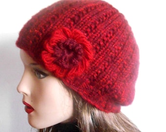 Hand-Knitted Wool Slouchy Hat: Red Floral Beanie