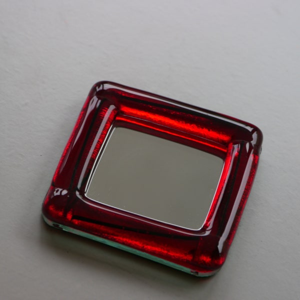 Mini Pocket Fused Glass Mirror Purse Red Rounded  - Handmade Gift Portable Hand Travel