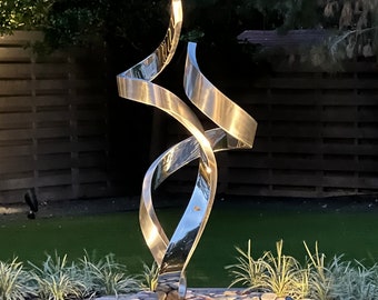 High Polish Stainless Steel Abstract Sculpture, Modern Garden Art, Poolside Metal Sculpture.