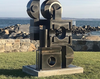 Modern Corten Steel Geometric Sculpture, Large Outdoor Block Statue