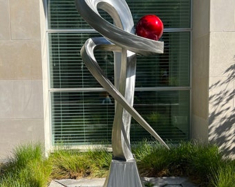 Large Abstract Outdoor Metal Sculpture, Elegant Steel Sculpture with Sphere, Architectural Garden Art, Uncoil