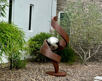Rustic Corten Steel Outdoor Sculpture, Yard Art with Stainless Sphere