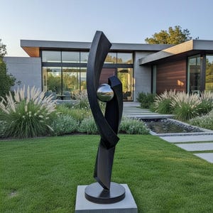 Black patina stainless steel Art, Abstract Sculpture with Ball, Minimalistic Metal Artwork, sharpmetals