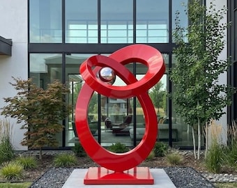 Large Red Garden Statue,  Stainless Steel Sculpture, Contemporary Lawn Art, infinity Loops