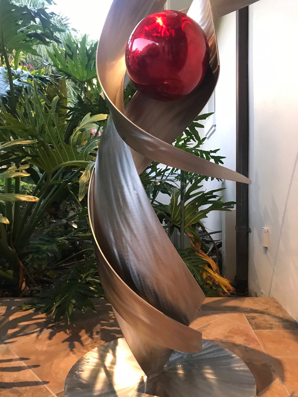 MEDIUM RIBBONS metal Ball Sculpture Yard Art, Patio, Pool Side, Etc