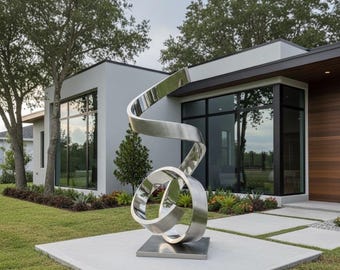 Large Stainless Steel Sculpture: High Polish Eternal Ribbon Outdoor Statue, poolside entryway and garden
