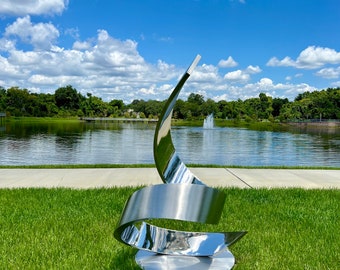 Tension (Large Sculpture, Garden Statue, High Polished Stainless Steel  sculpture , Metal abstract art)