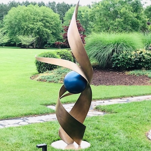 Large Bronze Ribbon Sculpture, Metal Garden Statue, Ball Sphere, Patio Ornaments, Luxury Modern Yard Figurine Artwork
