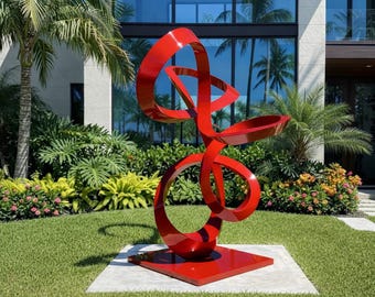 Red Metal Sculpture: Large Stainless Steel Abstract Art, poolside garden and entryway