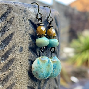 Rustic Yellow & Green Ceramic Dangle Earrings - Artisan Crafted Pottery Jewellery