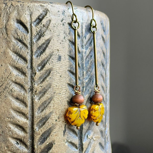 Golden Yellow Maple Leaf Earrings. Rustic Czech Glass Earrings. Autumn Earrings. Brass Earrings. Simple Boho Earrings. Nature Lover Gift