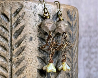 Bohemian Brass Butterfly Earrings with Rustic Czech Glass - Whimsical and Unique Nature Jewellery