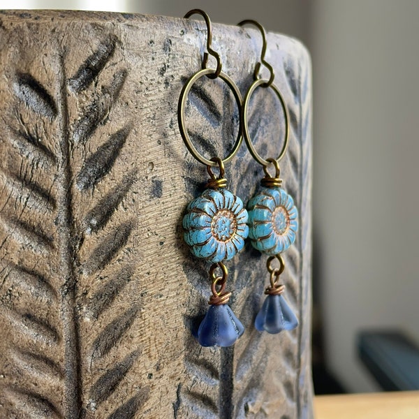 Rustic Blue Czech Glass Flower Earrings. Sunflower Bead Earrings. Bohemian Style Floral Earrings. Long Boho Hoop. Flower Lover Gift