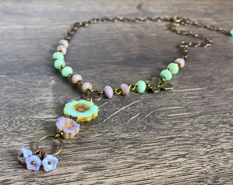 Czech Glass Flower Necklace. Lavender & Mint Green Floral Necklace. Bohemian Style Necklace. Whimsical, Nature Inspired Jewellery