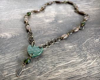 Artisan Ceramic Heart Necklace. Pottery Pendant.  Emerald Green Pottery Necklace. Brass Necklace. Unique Statement Necklace