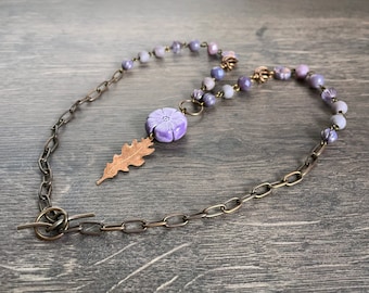 Rustic Copper Leaf Necklace. Purple Beaded Necklace. One of a Kind Mixed Media Necklace. Inspired by Nature