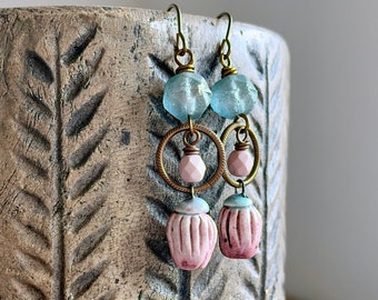 Unique Artisan Ceramic Drop Earrings. Bell Flower Earrings. Czech Glass Earrings. Seafoam, Aqua & Pink Earrings. Bohemian Style Jewellery