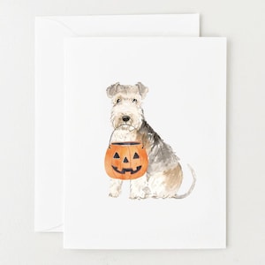 Dog Halloween Card, Lakeland Terrier, Pumpkin Card, Dog Carrying Trick Or Treat Bucket