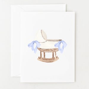 Baby Shower Card, Blank Baby Stationery, Watercolor Pregnancy Card Blue Bassinet