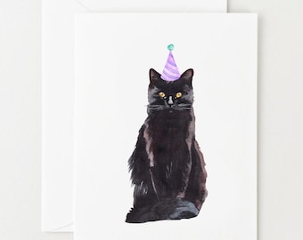 Carte d'anniversaire chat noir, chat aquarelle mignon avec chapeau de fête