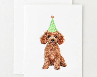 Mini carte d'anniversaire caniche, carte d'anniversaire chien, caniche toy abricot rouge