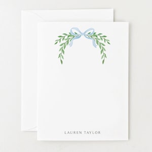 Bow Stationery, Personalized Preppy Coquette Gift, Set of 12 Blue Watercolor Note Cards