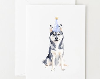 Carte Husky sibérien, carte d'anniversaire chien, carte d'anniversaire Husky avec chapeau de fête