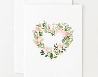 Carte de Saint-Valentin aquarelle, couronne de coeur avec fleurs