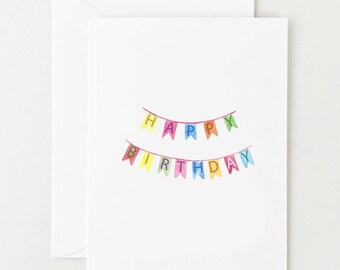 Carte de bannière de joyeux anniversaire, carte de voeux aquarelle arc-en-ciel