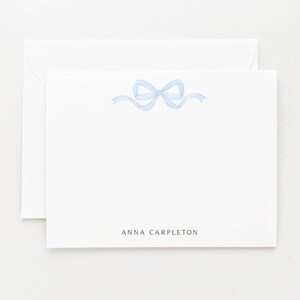 Bow Stationery, Personalized Preppy Coquette Gift, Set of 12 Blue Watercolor Note Cards