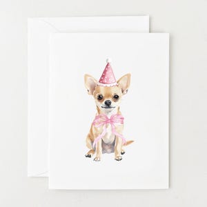 Chihuahua Card, Dog Birthday Card, Tan Chihuahua with Polka Dot Party Hat