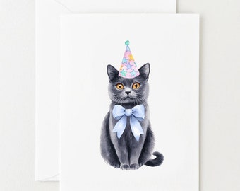 Carte d'anniversaire chat gris, chat aquarelle mignon avec chapeau de fête, bleu russe