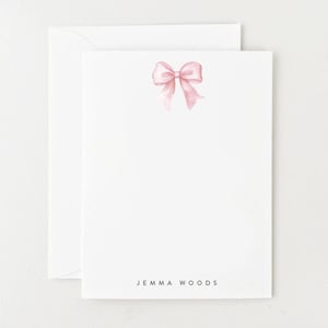 Bow Stationery, Personalized Preppy Coquette Gift, Set of 12 Pink Watercolor Note Cards
