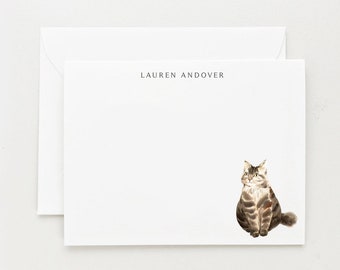 Brown Striped Cat Stationery, Personalized Gift For Cat Lover, Cat Note Cards Stationery Set Brown Tabby