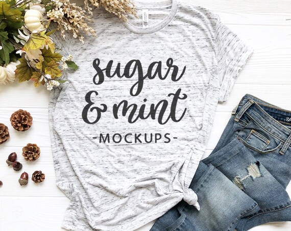 Fall Flat Lay T-Shirt Mockup With Flowers Bella