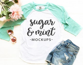 Download Free Youth Unisex Raglan Mockup, Mint Raglan Baseball Shirt Flat Lay PSD Template