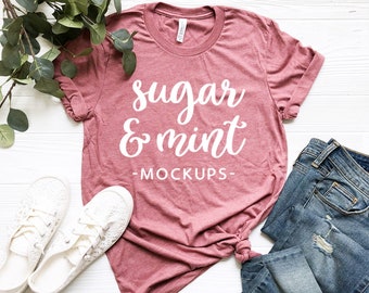 Download Free Bella Canvas T Shirt Mockup, 3001 Heather Mauve PSD Template