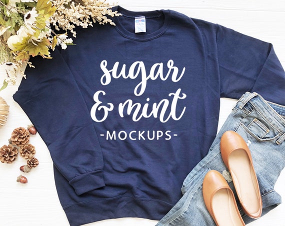 Download Navy Blue SweaT-Shirt Mockup Fall Flower Flat Lay With ...