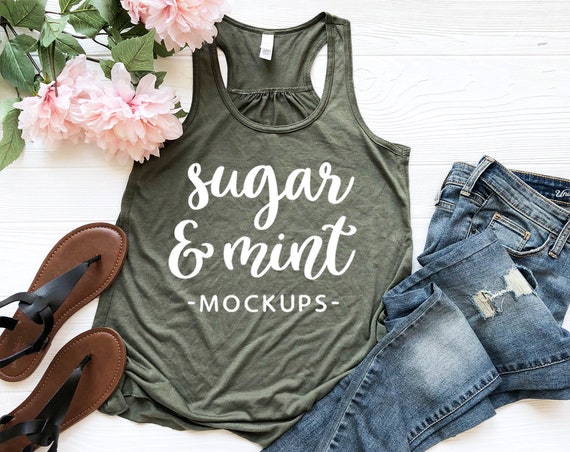 Military Green Racerback Tank Top Mockup Bella Canvas 8800