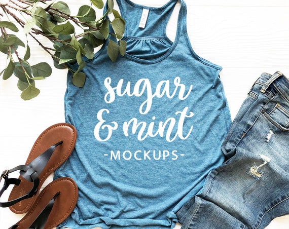 Teal Heather Racerback Tank Top Mockup Bella Canvas 8800