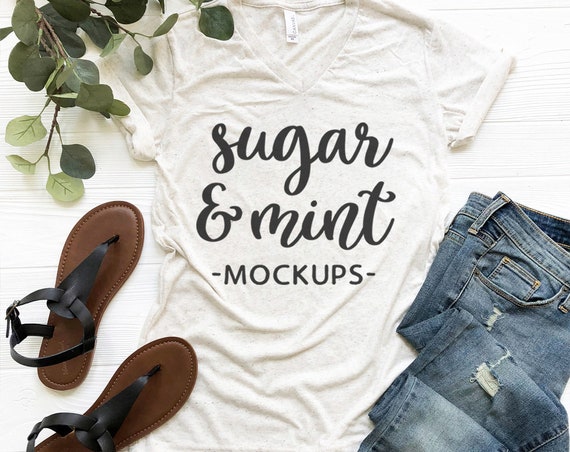 V Neck T-Shirt Mockup Bella Canvas 3415 Oatmeal