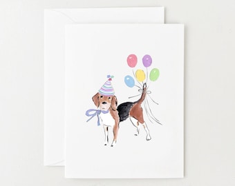 Carte Beagle, carte d'anniversaire de chien, carte vierge d'anniversaire, beagle avec chapeau de fête et ballons