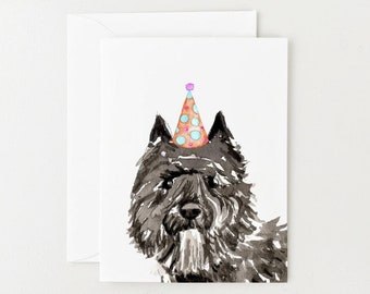 Carte d'anniversaire chien, Bouvier des Flandres en chapeau de fête