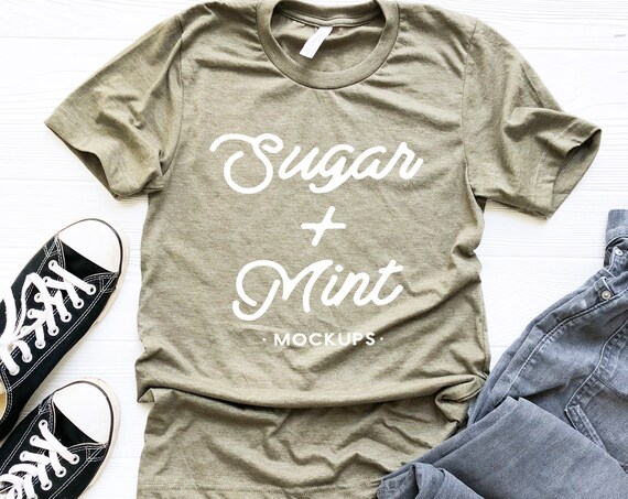 Mens T-Shirt Mockup Bella Canvas 3001 Heather Olive