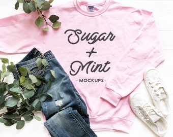 Download Free Pink Sweatshirt Mockup, Flat Lay Unisex Style PSD Template
