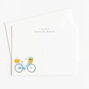 Bicycle Note Card Set: Blue Bike with Flowers - Personalized Stationery