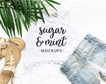 Download Free Fringe Tank Top Kavio Flat Lay, Kids Boho Fringe Tank Mockup White PSD Template